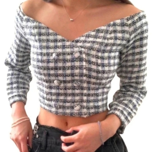 Zara Tweed Off Shoulder Long Seeve Cropped Top Size XS - Picture 10 of 10